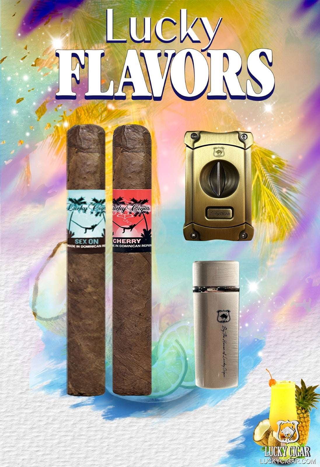 Flavored Cigars: Lucky Flavors 2 Cigar Set: Cherry, Sex On The Beach 5x42 Cigars with Lighter and Cutter