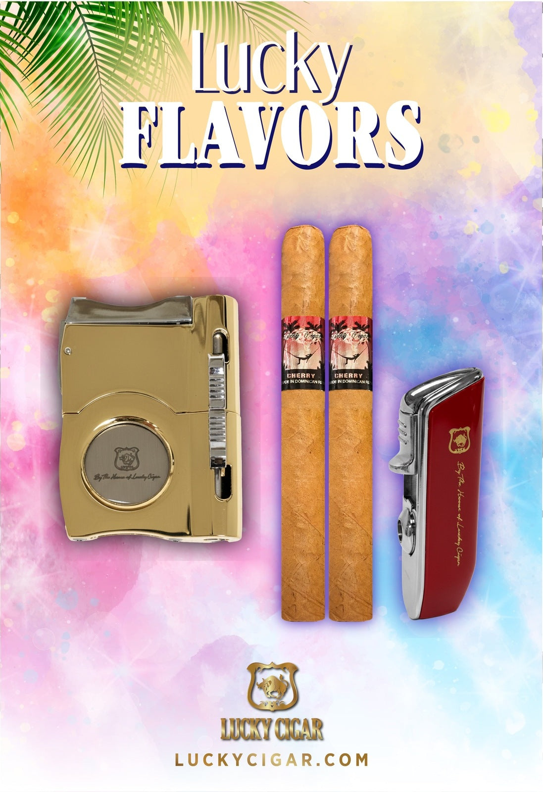 Flavored Cigars: Lucky Flavors 2 Cherry Cigar Set with Torch Lighter and Cutter
