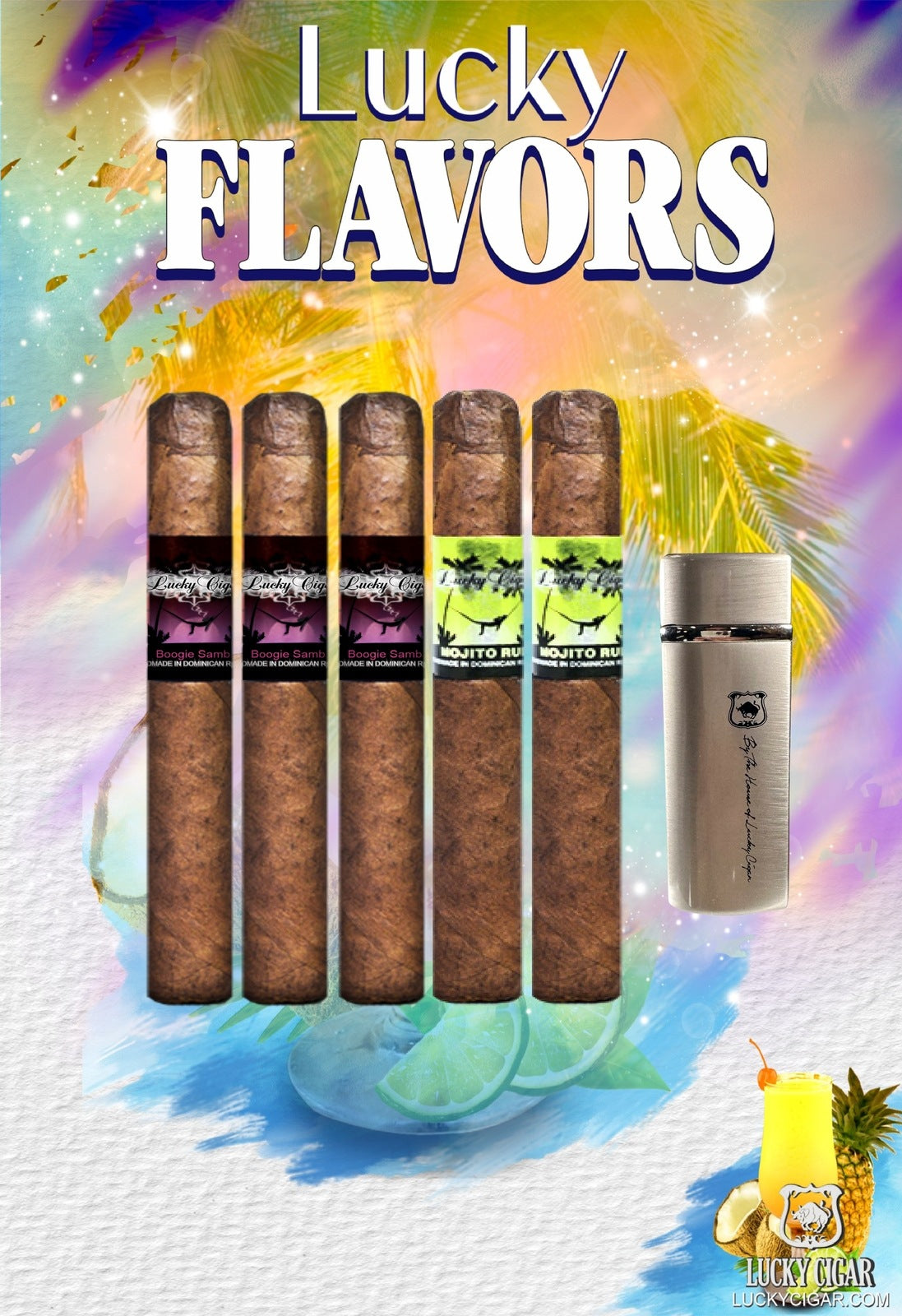 Flavored Cigars: Lucky Flavors 5 Cigar Set with Multi Flame Torch Lighter