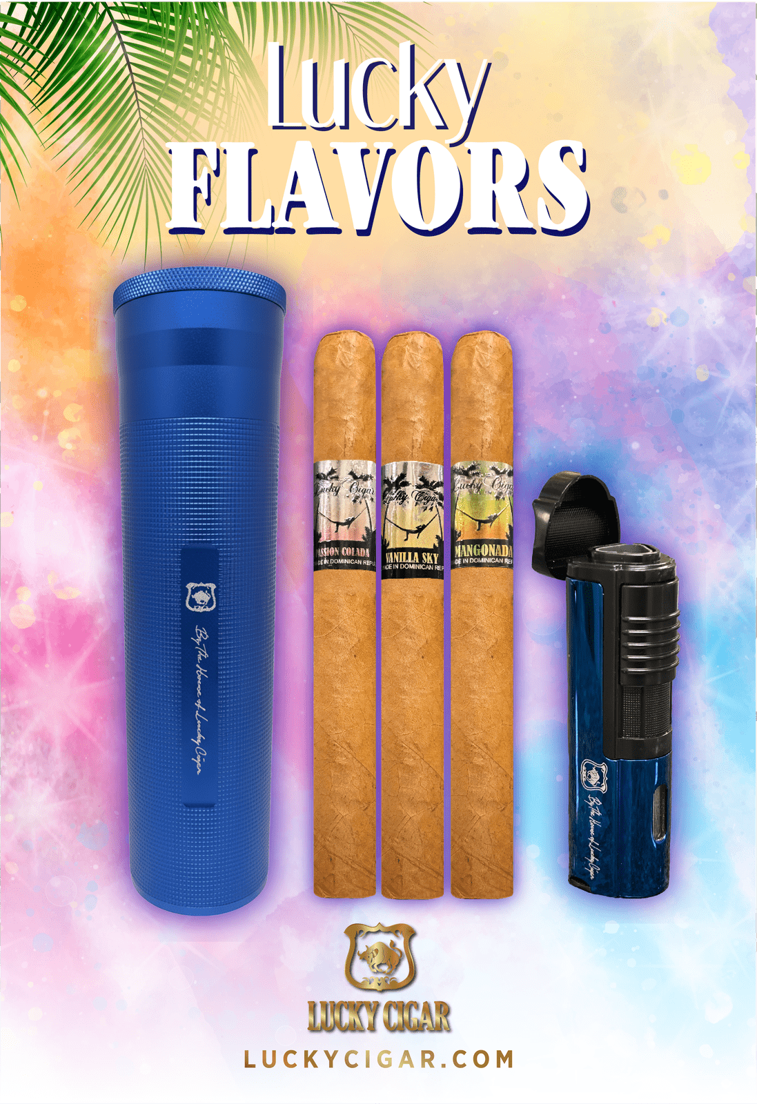 Flavored Cigars: Lucky Flavors 3 Cigar Set with Blue Torch and Travel Humidor