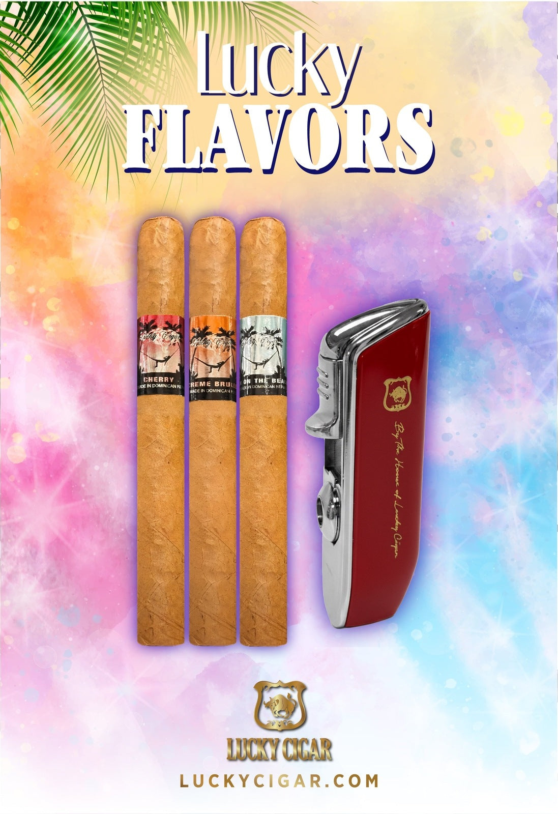 Flavored Cigars: Lucky Flavors 3 Cigar Set - Cherry, Bourbon, Beach with Torch Lighter