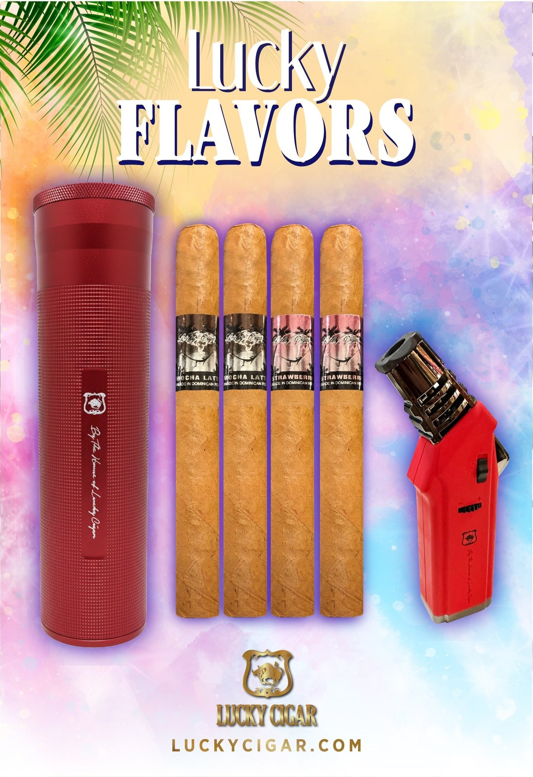 Flavored Cigars: Lucky Flavors 4 Cigar Set with Travel Humidor and Lighter