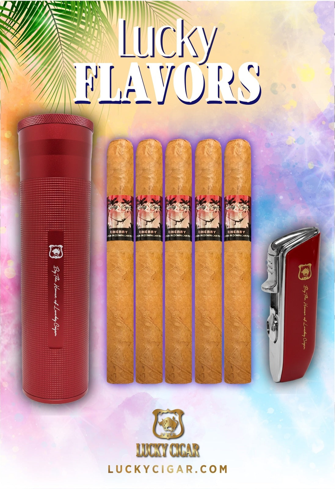 Flavored Cigars: Lucky Flavors 5 Cherry Cigar Set with Red Travel Humidor and Lighter