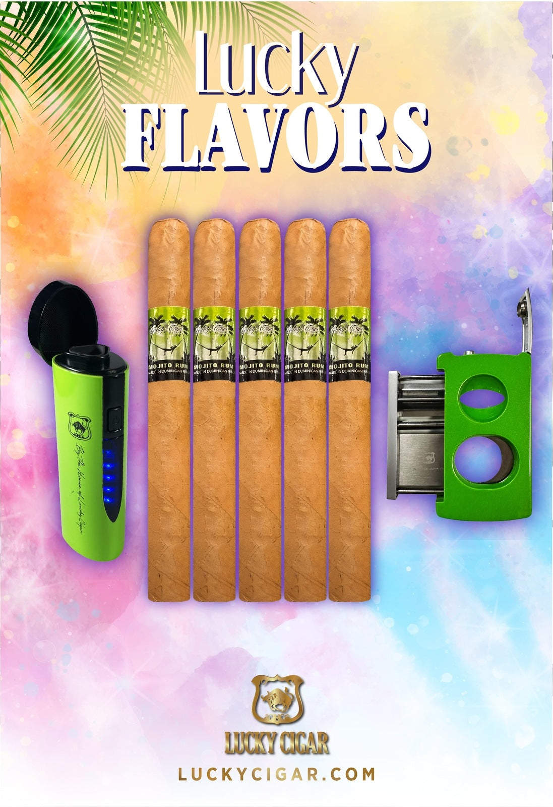 Flavored Cigars: Lucky Flavors 5 Mojito Rum Cigar Set with Torch and Cutter