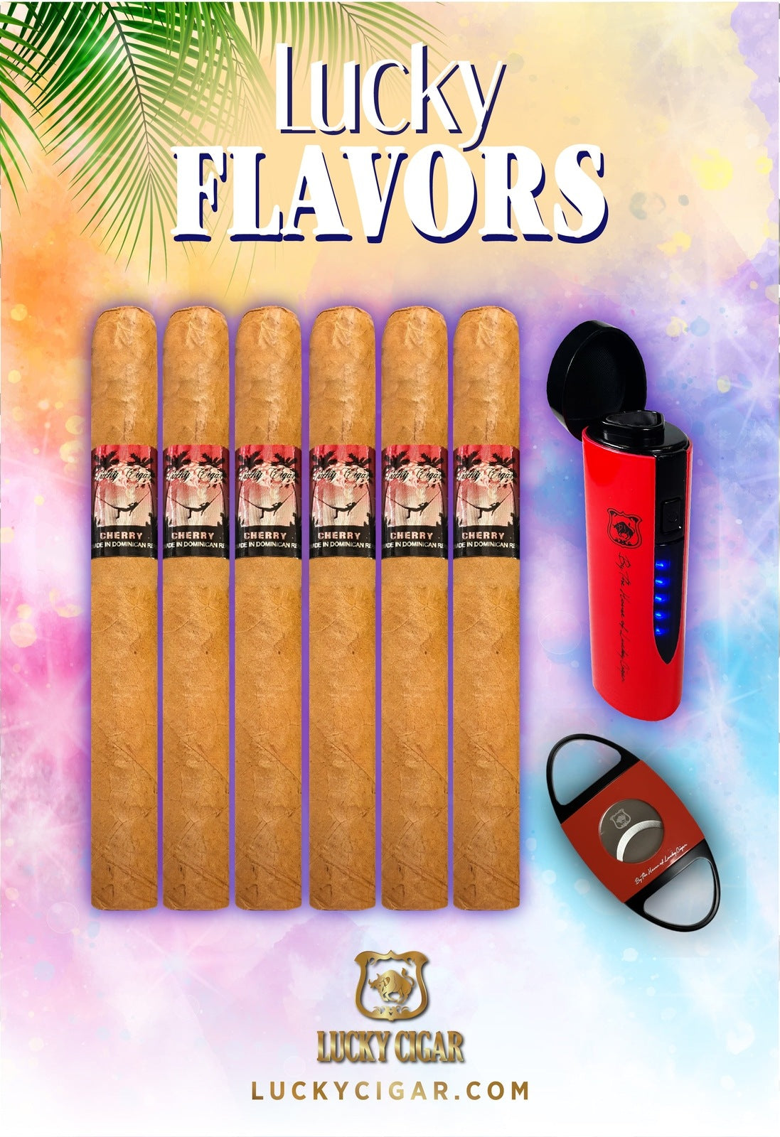 Flavored Cigars: Lucky Flavors 6 Cherry Cigar Set with Torch and Cutter