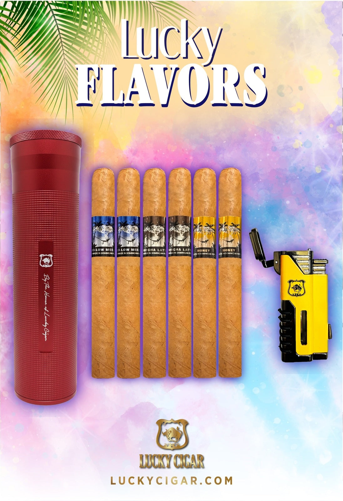 Flavored Cigars: Lucky Flavors 6 Cigar Set with Travel Humidor and Lighter