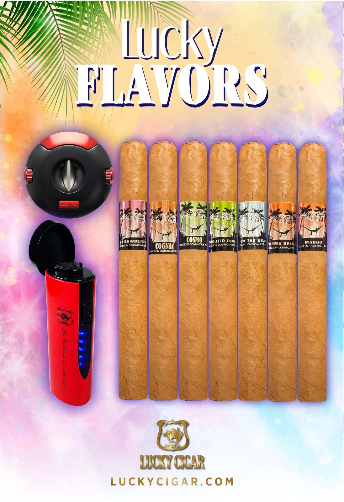 Flavored Cigars: Lucky Flavors 7 Cigar Set with Gun Torch and Cutter