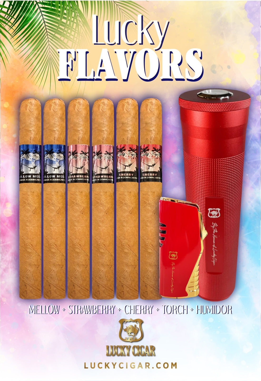 Flavored Cigars: Lucky Flavors 6 Cigar Set with Travel Humidor and Lighter Mellow, Strawberry, Cherry