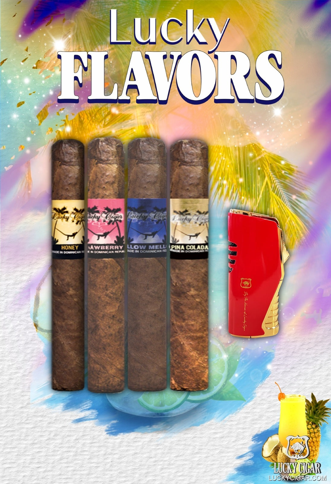 Flavored Cigars: Lucky Flavors 4 Cigar Set - Honey, Strawberry, Mellow, Pina Colada with Torch Lighter
