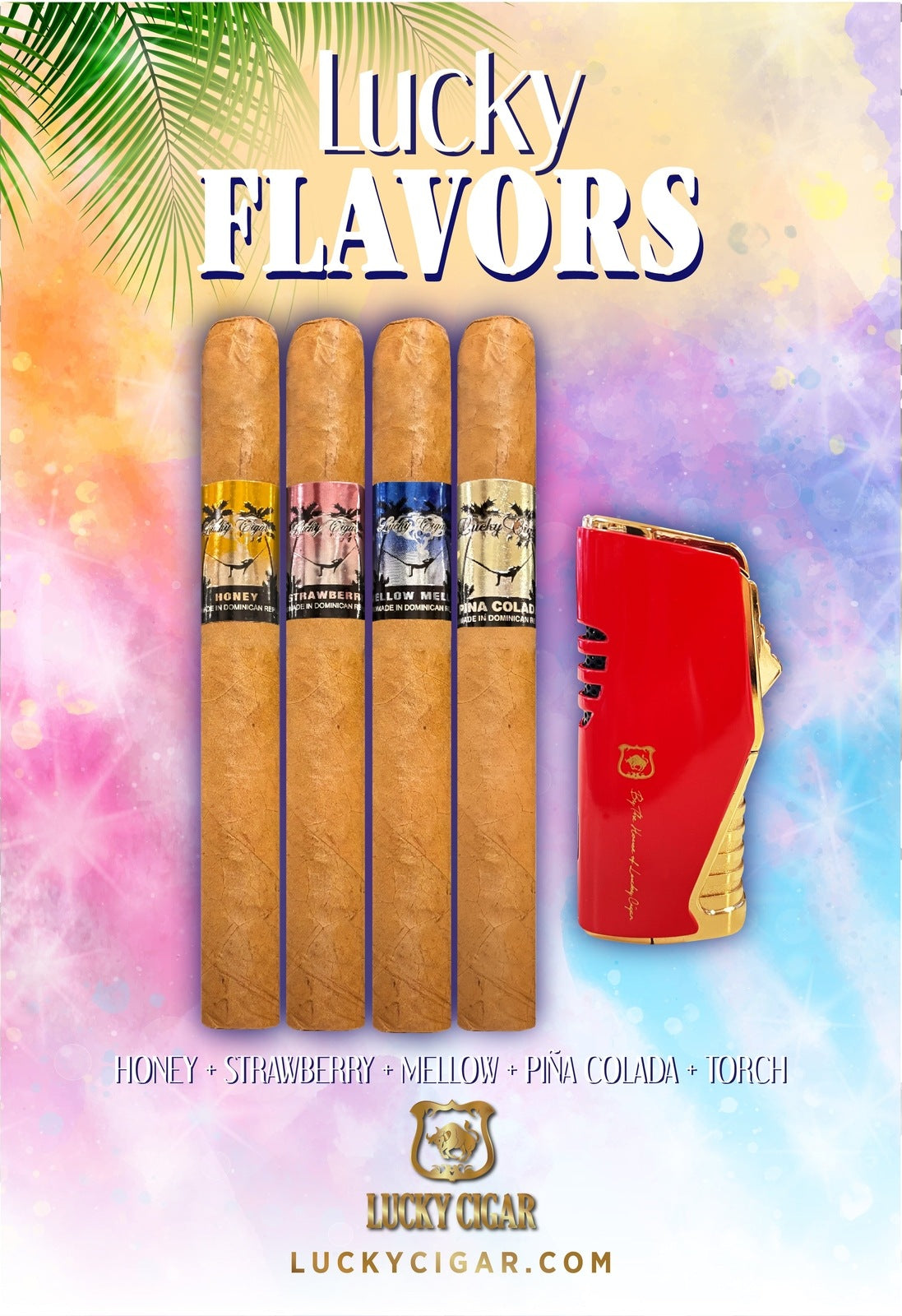 Flavored Cigars: Lucky Flavors 4 Cigar Set - Honey, Strawberry, Mellow, Pina Colada with Torch Lighter