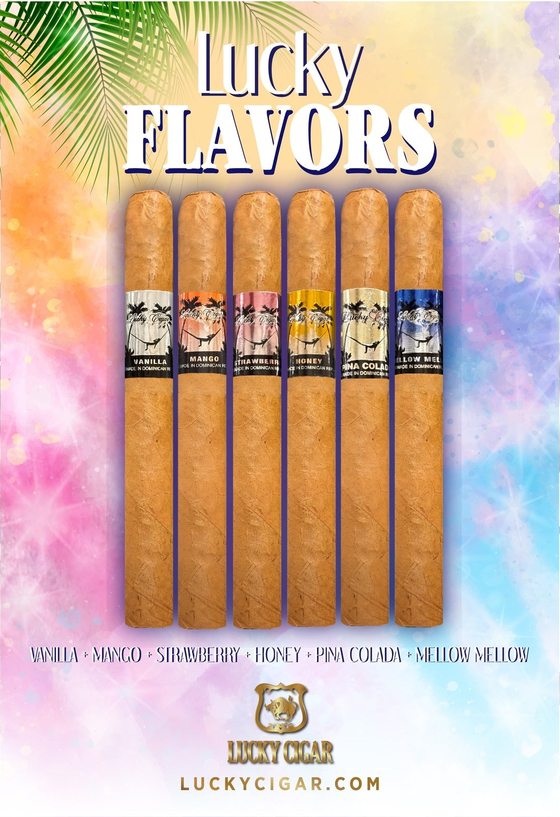 Flavored Cigars: Lucky Flavors 6 Piece Sampler Vanilla, Mango, Strawberry, Honey, Pina Colada, Mellow Mellow