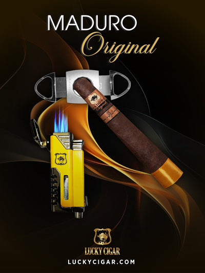 Maduro Cigars: Maduro Original by Lucky Cigar: Set of 1 Churchill with Torch Lighter