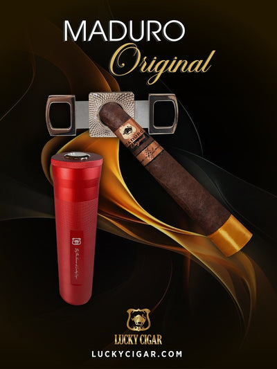 Maduro Cigars: Maduro Original by Lucky Cigar: Set of 1 Churchill with Travel Humidor, Cutter