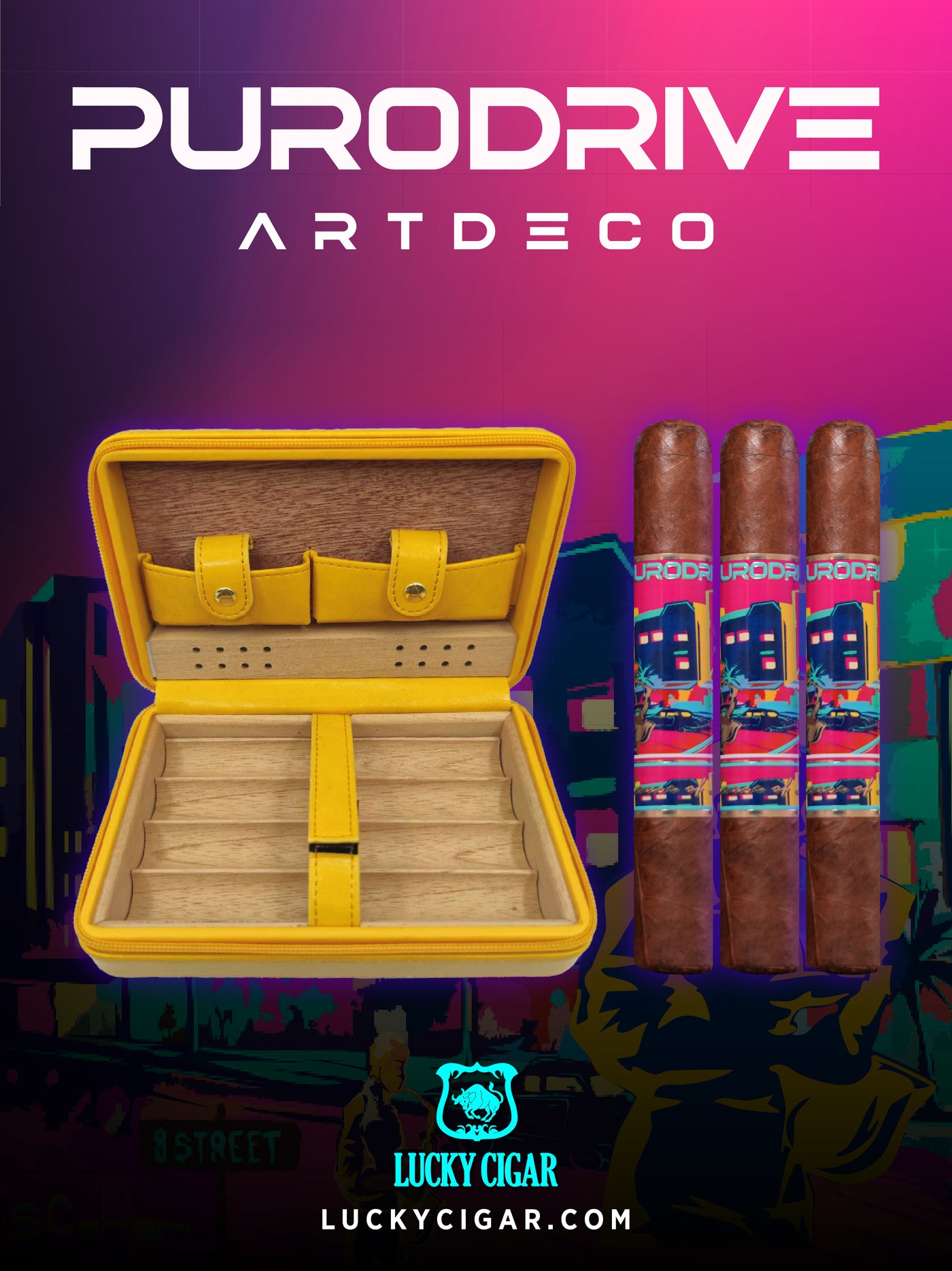 Infused Cigars - Purodrive  by Lucky Cigar: Set of 3 Robusto 5x54 with Hurricane Leather Yellow Case