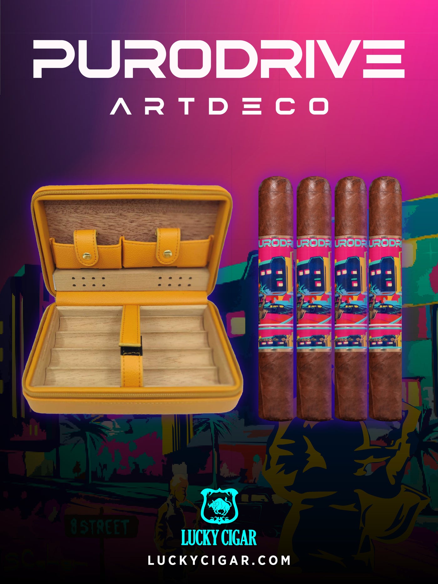 Infused Cigars - Purodrive  by Lucky Cigar: Set of 2 Robusto, 2 Habano Robusto with Hurricane Leather Orange Case