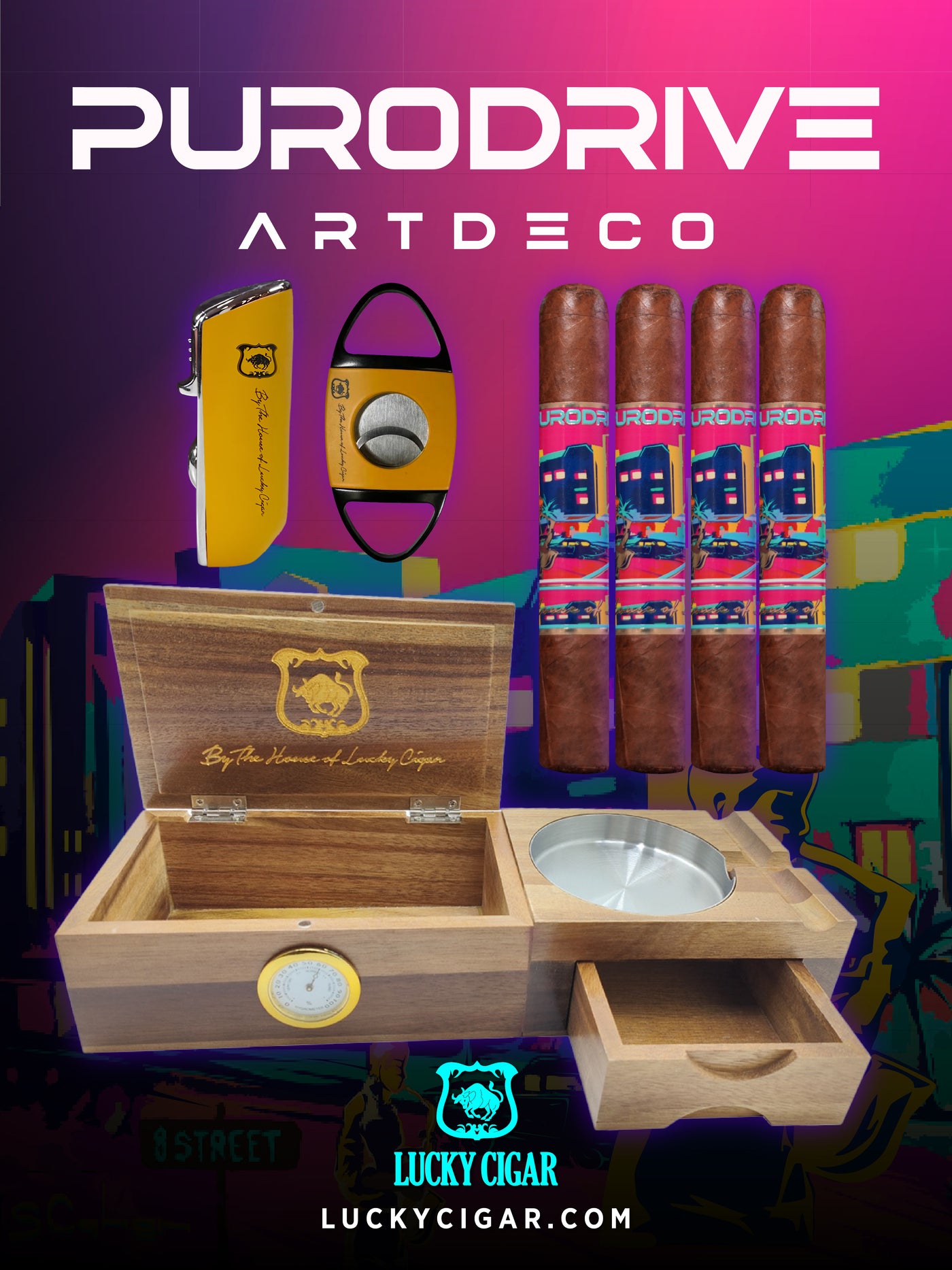 Infused Cigars - Purodrive by Lucky Cigar: Set of 2 Robusto, 2 Habano Robusto with Delta Cutter, Torch Lighter, Ashtray Humidor Set