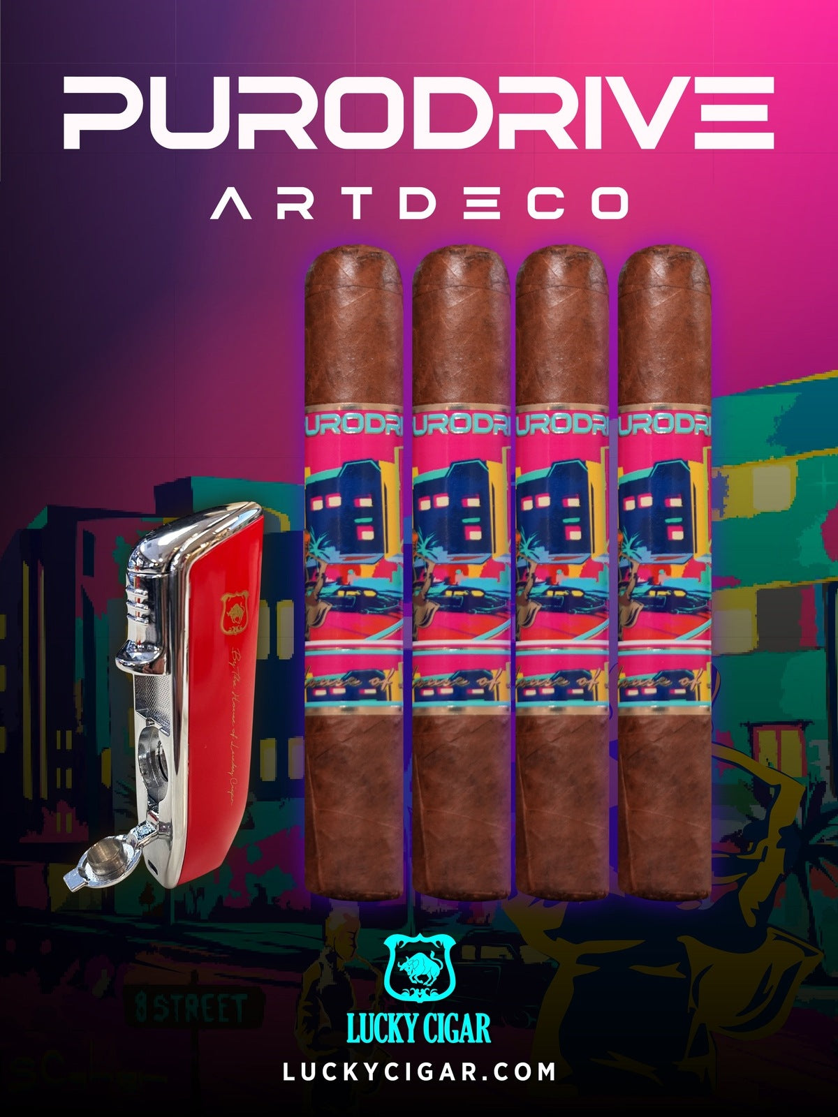 Infused Cigars - Purodrive by Lucky Cigar: Set of 2 Robusto, 2 Habano Robusto with Torch Lighter