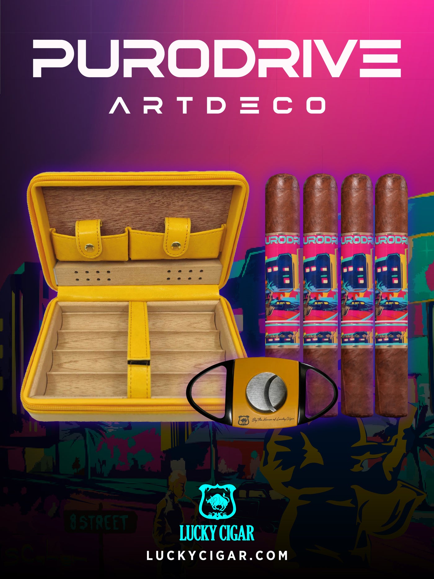 Infused Cigars - Purodrive by Lucky Cigar: Set of 2 Robusto, 2 Habano Robusto with Delta Cutter, Hurricane Leather Yellow Case