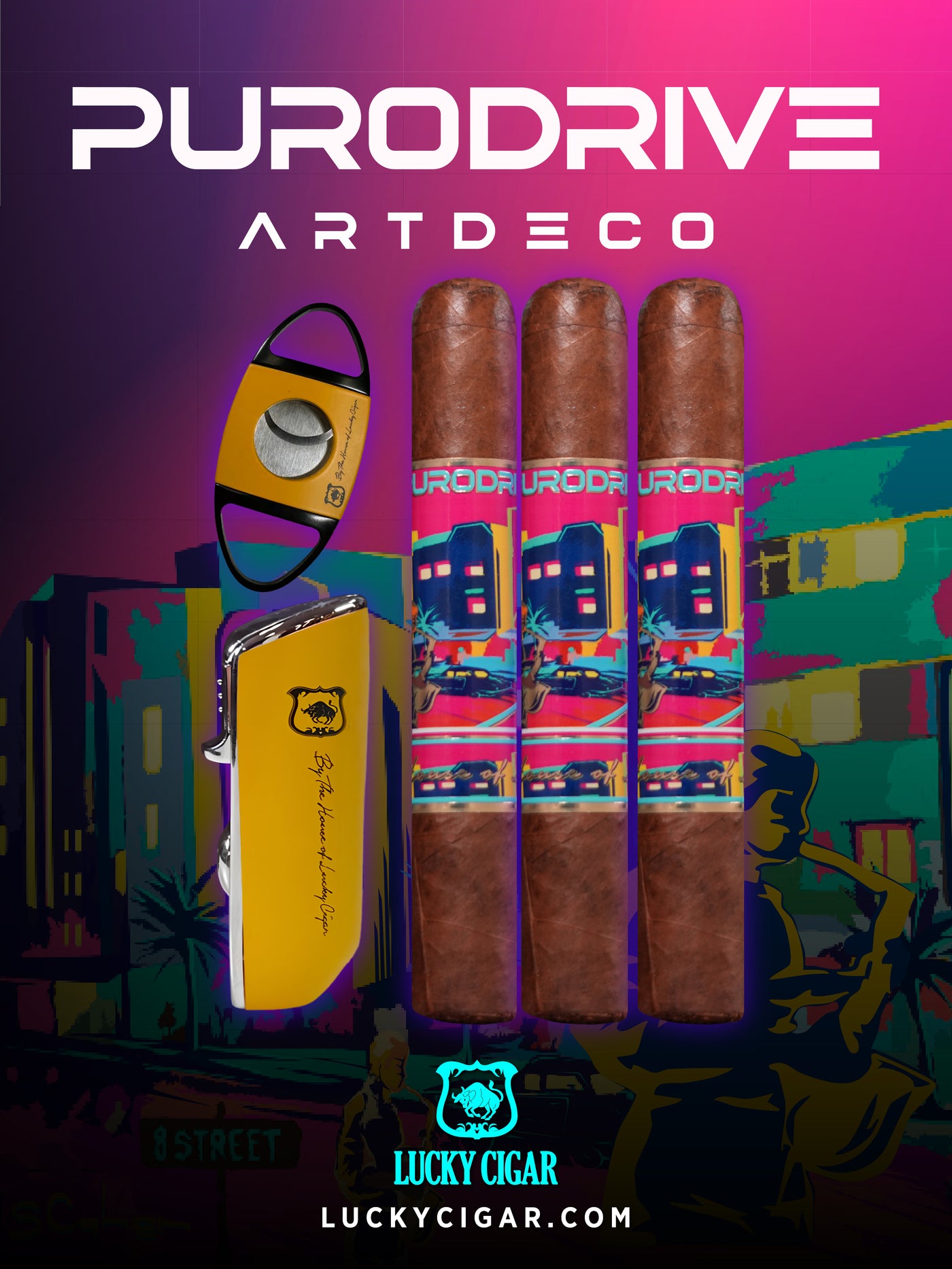 Infused Cigars - Purodrive by Lucky Cigar: Set of 3 Robusto 5x54 with Delta Cutter, Torch Lighter