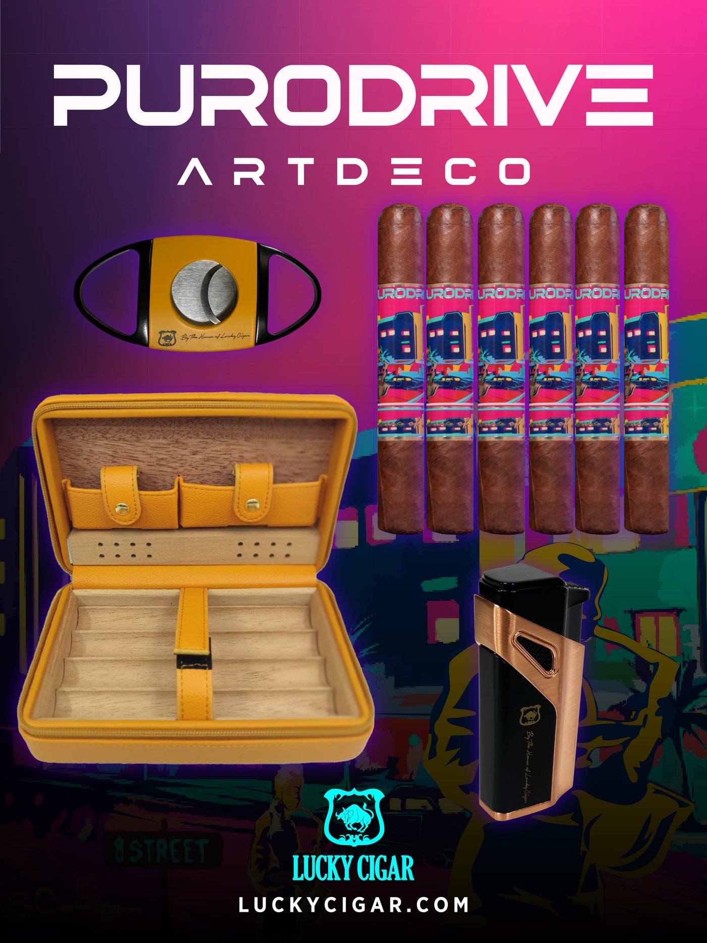 Infused Cigars - Purodrive by Lucky Cigar: Set of 3 Robusto, 3 Habano Robusto with Delta Cutter, Turbo Torch, Hurricane Leather Orange Case