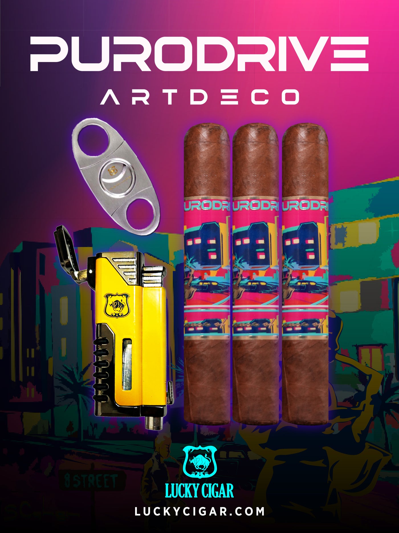 Infused Cigars - Purodrive by Lucky Cigar: Set of 3 Robusto 5x54 with Stainless Cutter, Carterpillar Torch