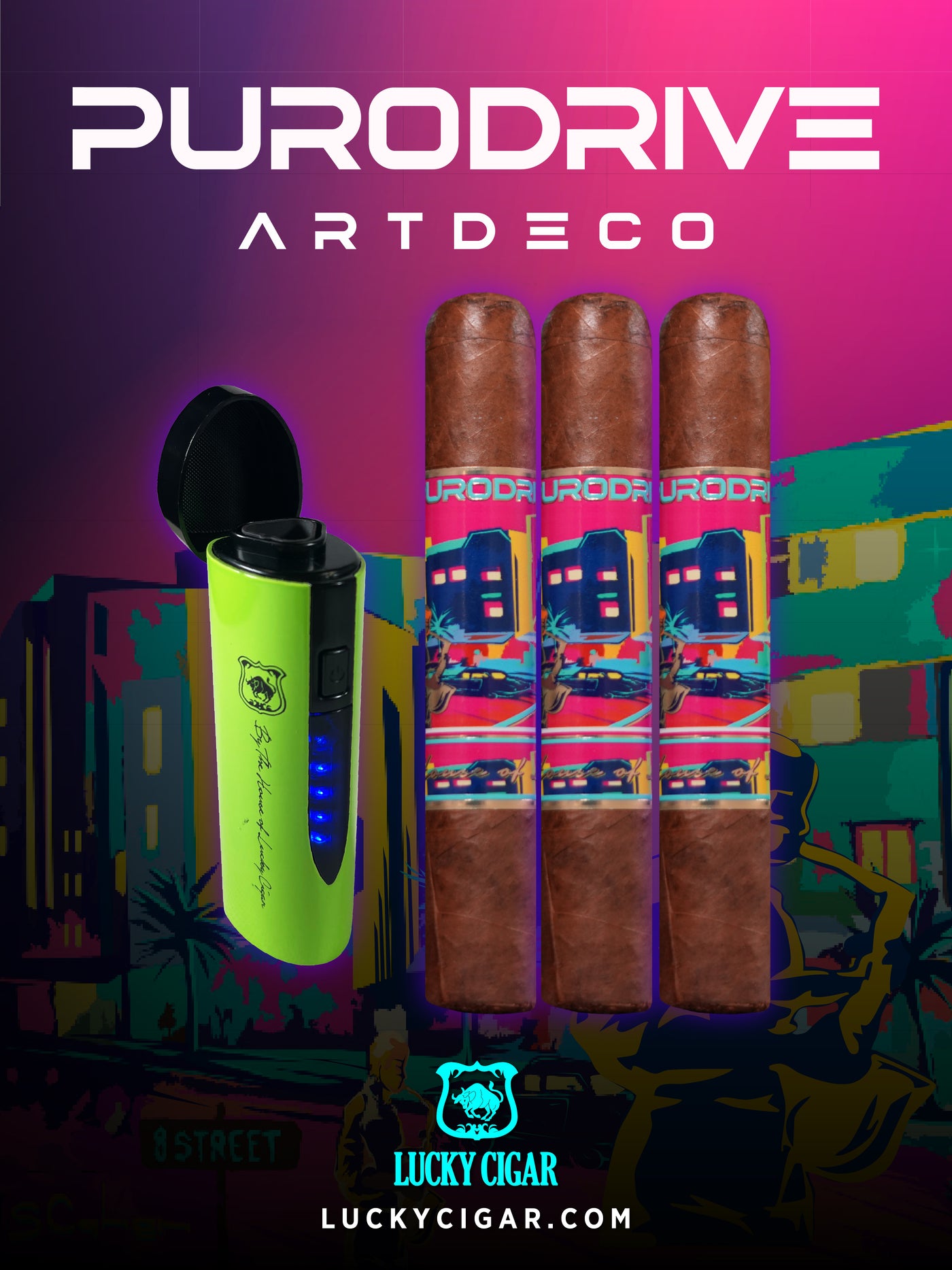 Infused Cigars - Purodrive by Lucky Cigar: Set of 3 Robusto 5x54 with Travel Case, Ultimate Torch