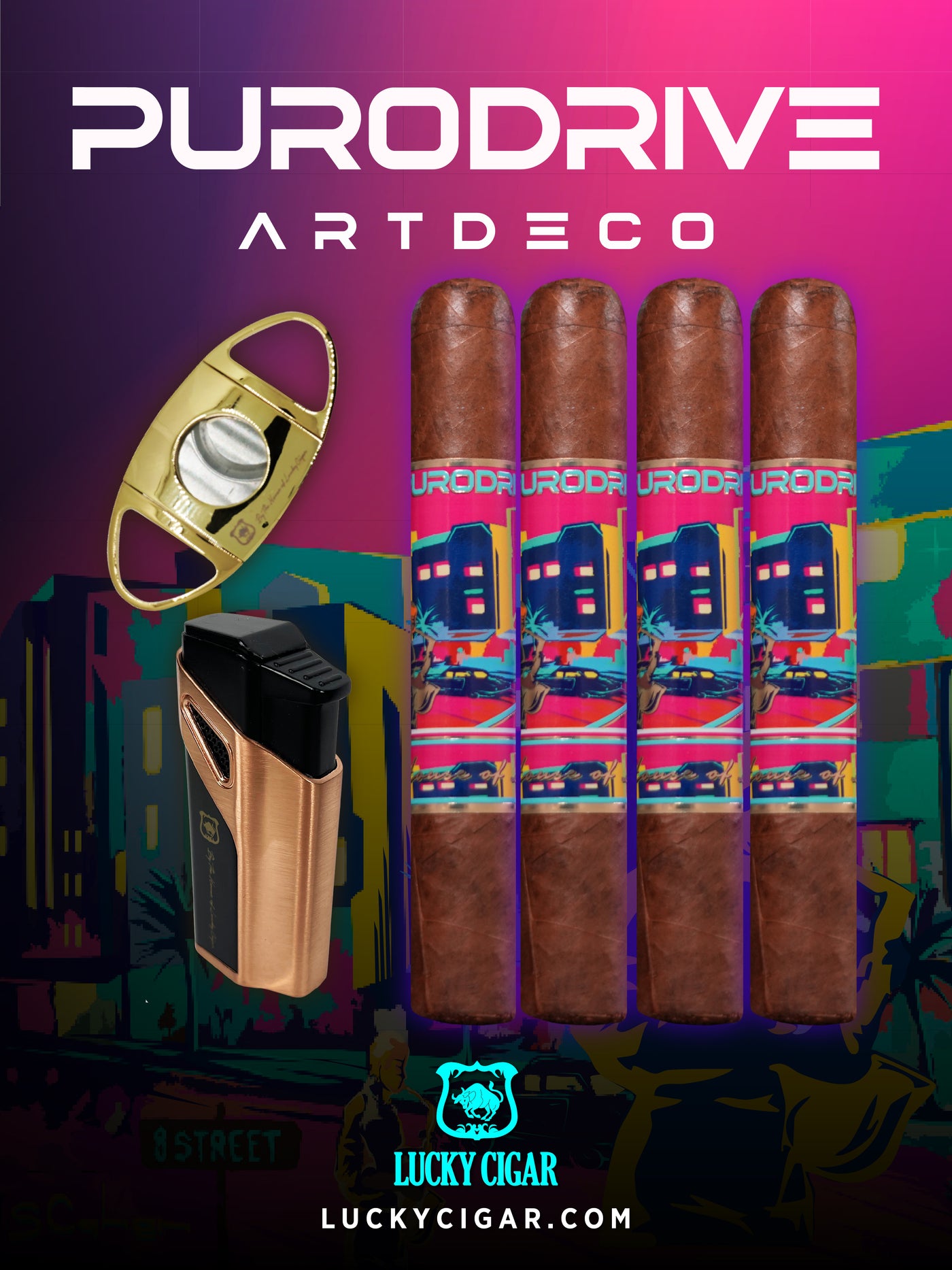 Infused Cigars - Purodrive by Lucky Cigar: Set of 4 Robusto 5x54 with Delta Cutter, Turbo Torch