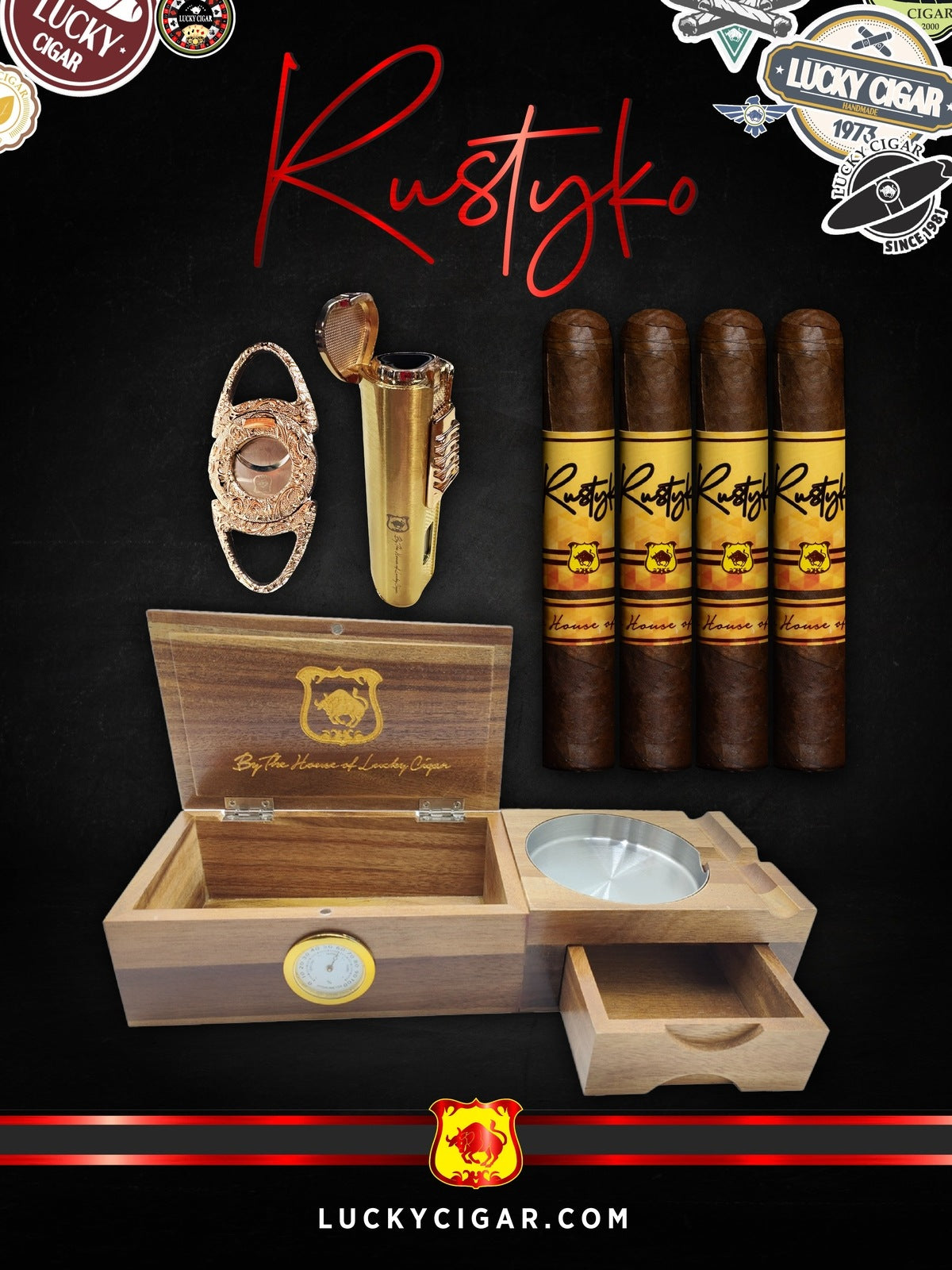 Infused Cigars: Rustyko Robusto 5x54 Cigars - Set of 4 with Humidor Ashtray Set, Torch, Cutter