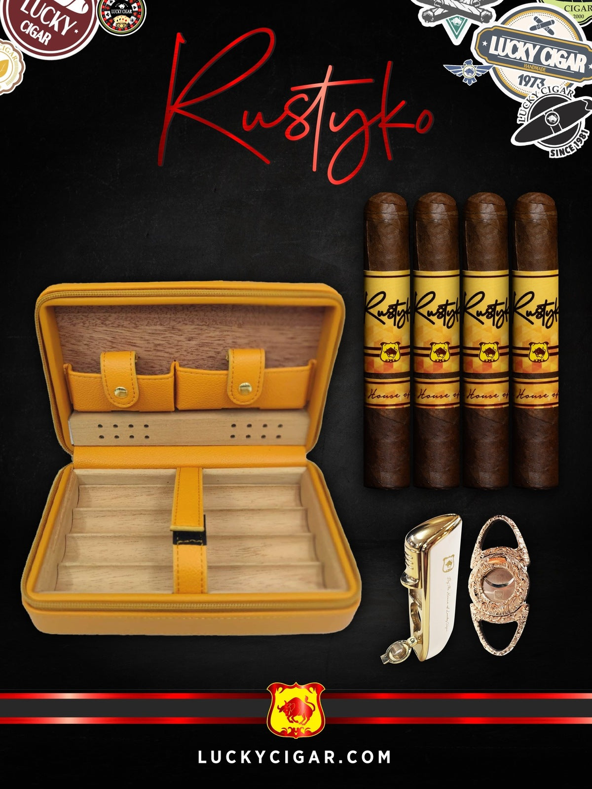 Infused Cigars: Rustyko Robusto 5x54 Cigars - Set of 4 with Hurricane Leather Orange Case, Torch, Cutter