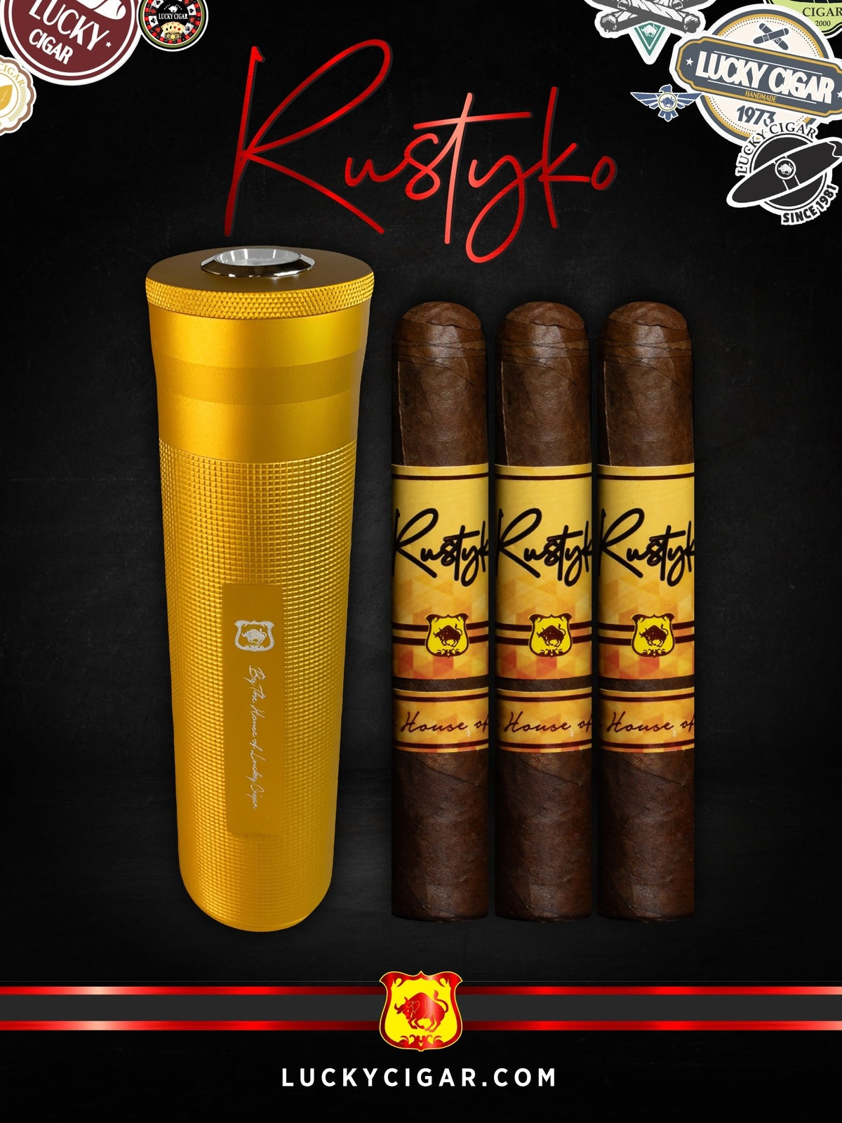 Infused Cigars: Rustyko Robusto 5x54 Cigars - Set of 3 with Gold Travel Humidor