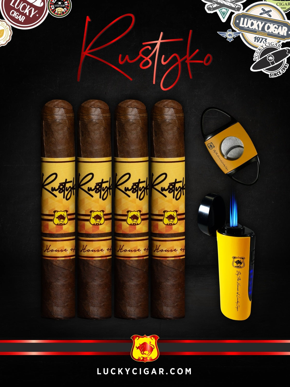Infused Cigars: Rustyko Robusto 5x54 Cigars - Set of 4 with Yellow Torch, Cutter