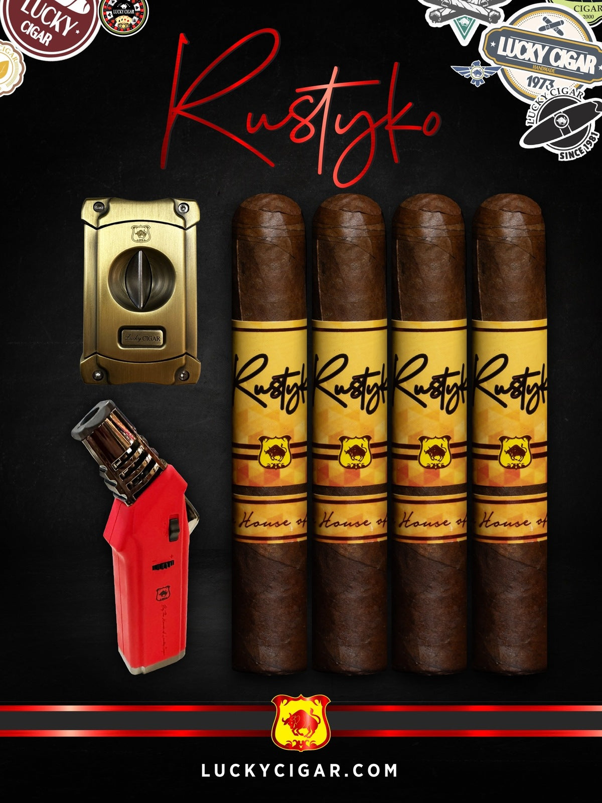 Infused Cigars: Rustyko Robusto 5x54 Cigars - Set of 4 with Torch, Cutter