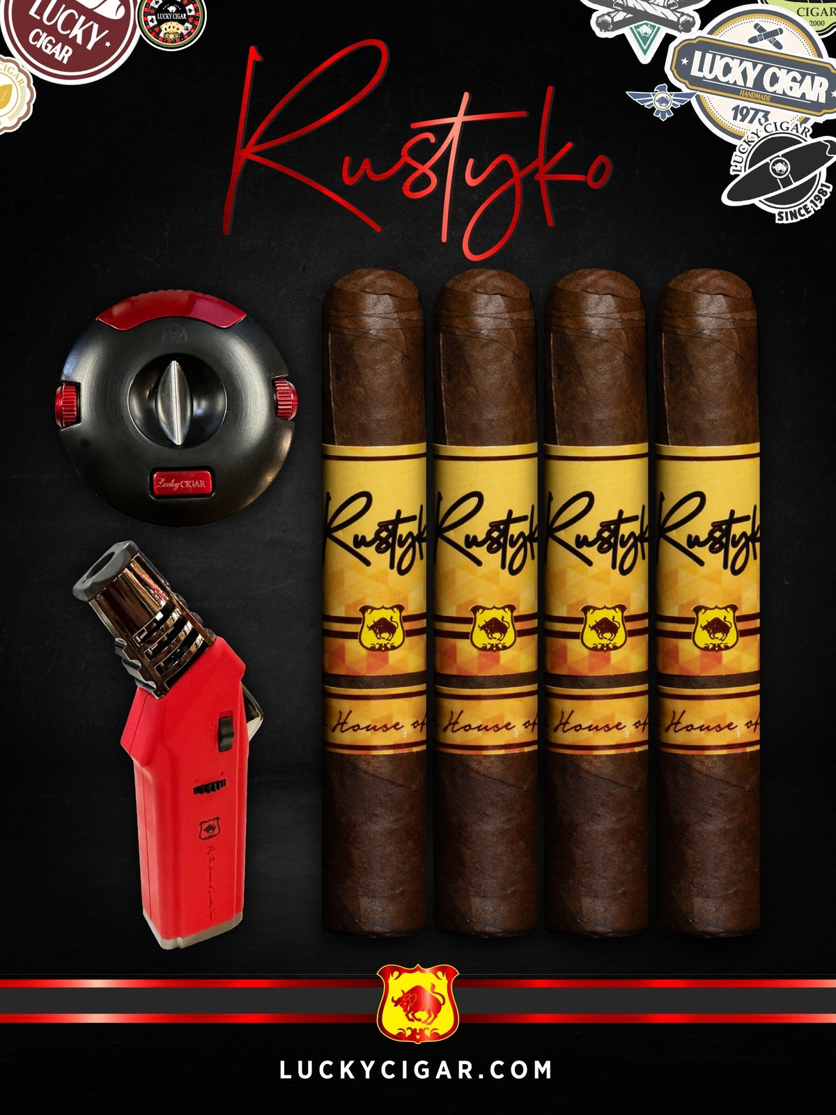 Infused Cigars: Rustyko Robusto 5x54 Cigars - Set of 4 with Red Torch, Cutter