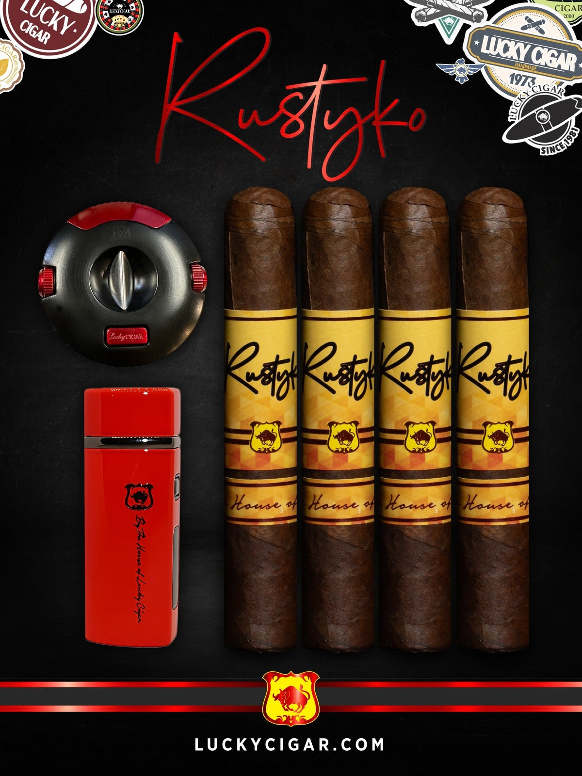 Infused Cigars: Rustyko Robusto 5x54 Cigars - Set of 4 with Red Torch, Round Cutter