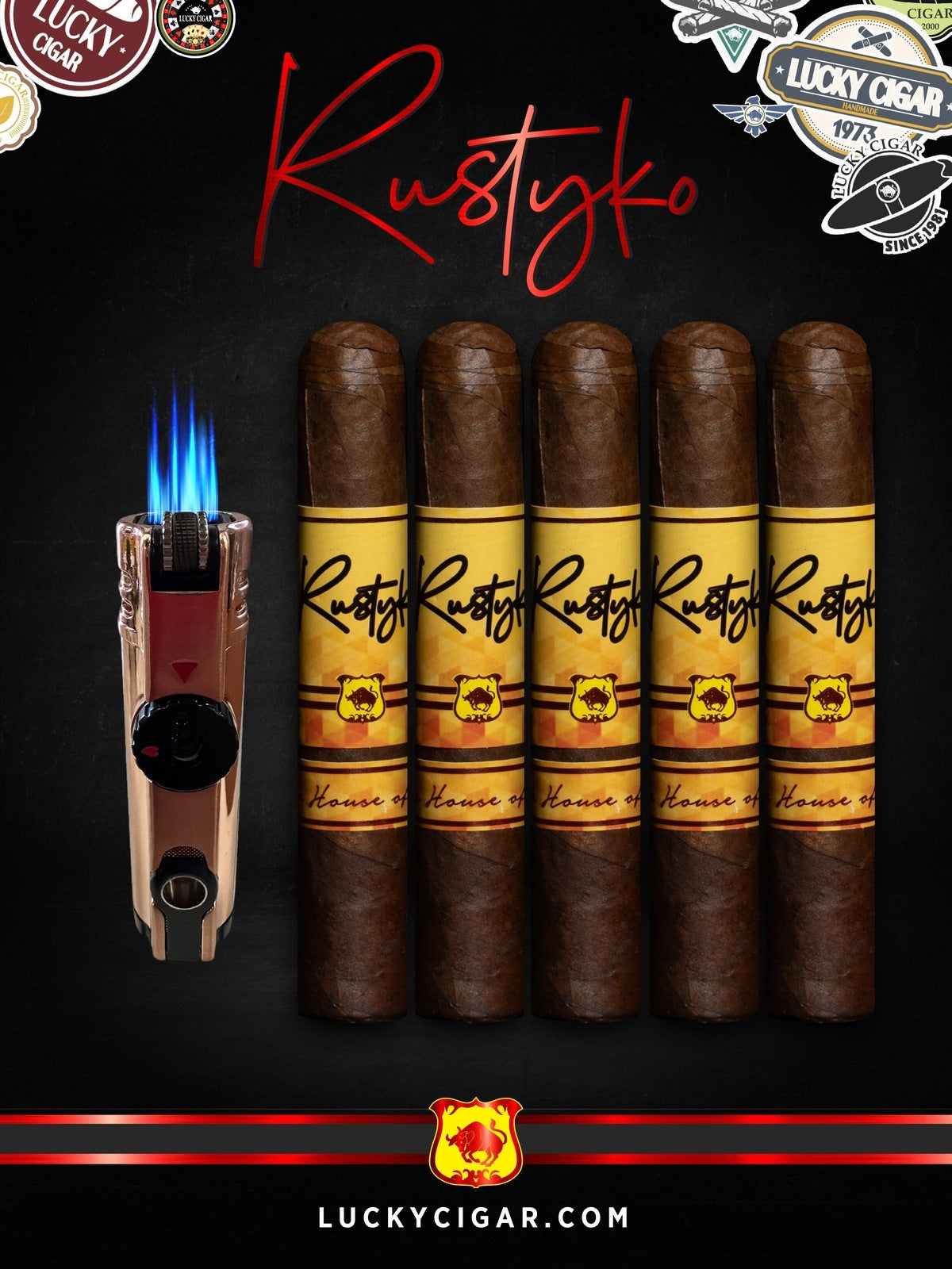 Infused Cigars: Rustyko Robusto 5x54 Cigars - Set of 5 with Yellow Torch Lighter