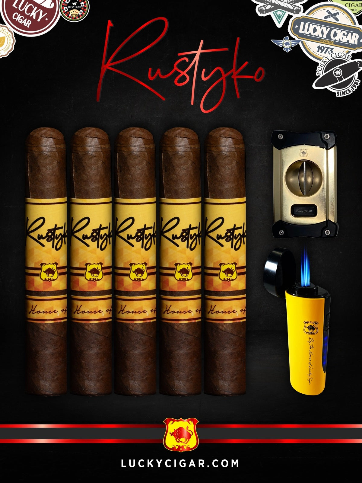 Infused Cigars: Rustyko Robusto 5x54 Cigars - Set of 5 with Yellow Torch, Cutter