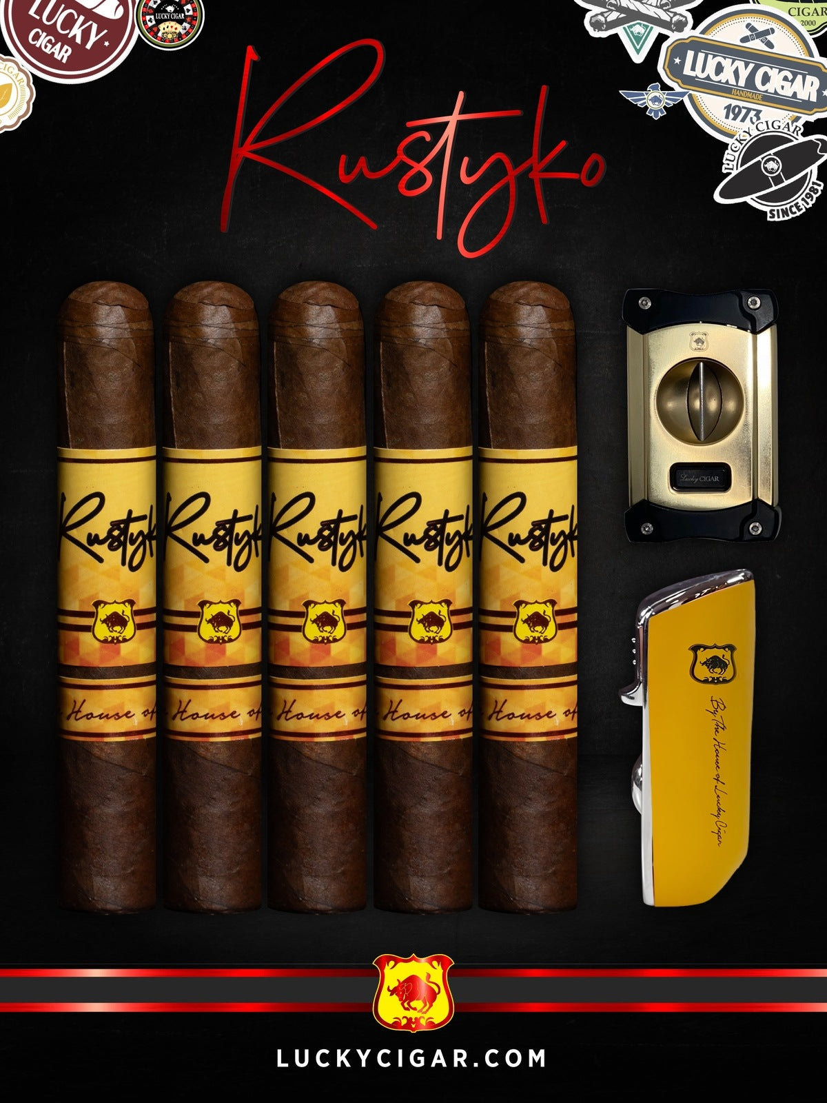 Infused Cigars: Rustyko Robusto 5x54 Cigars - Set of 5 with Yellow Lighter, V Cutter