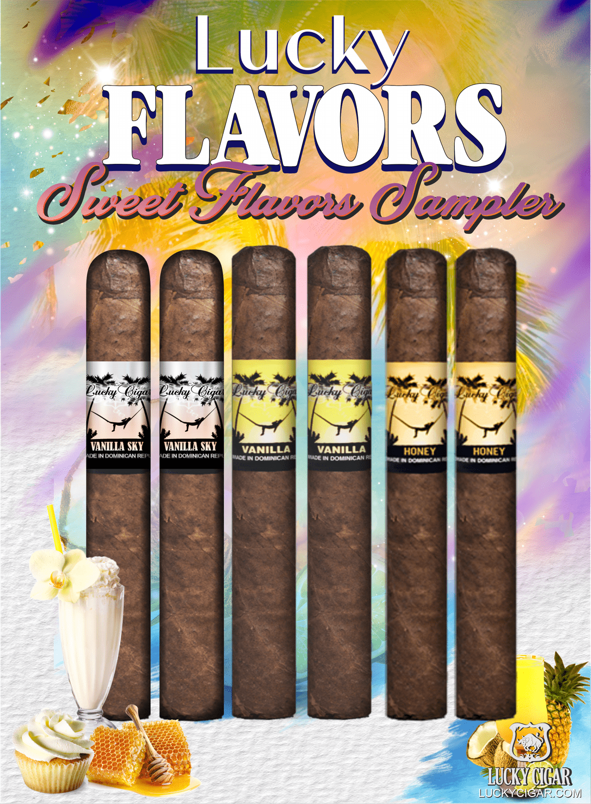 Flavored Cigars: Lucky Flavors 6 Piece Sweets Sampler - Vanilla Sky, Vanilla, Honey 2 Vanilla Sky 5x42 Cigars 2 Vanilla 5x42 Cigars 2 Honey 5x42 Cigars