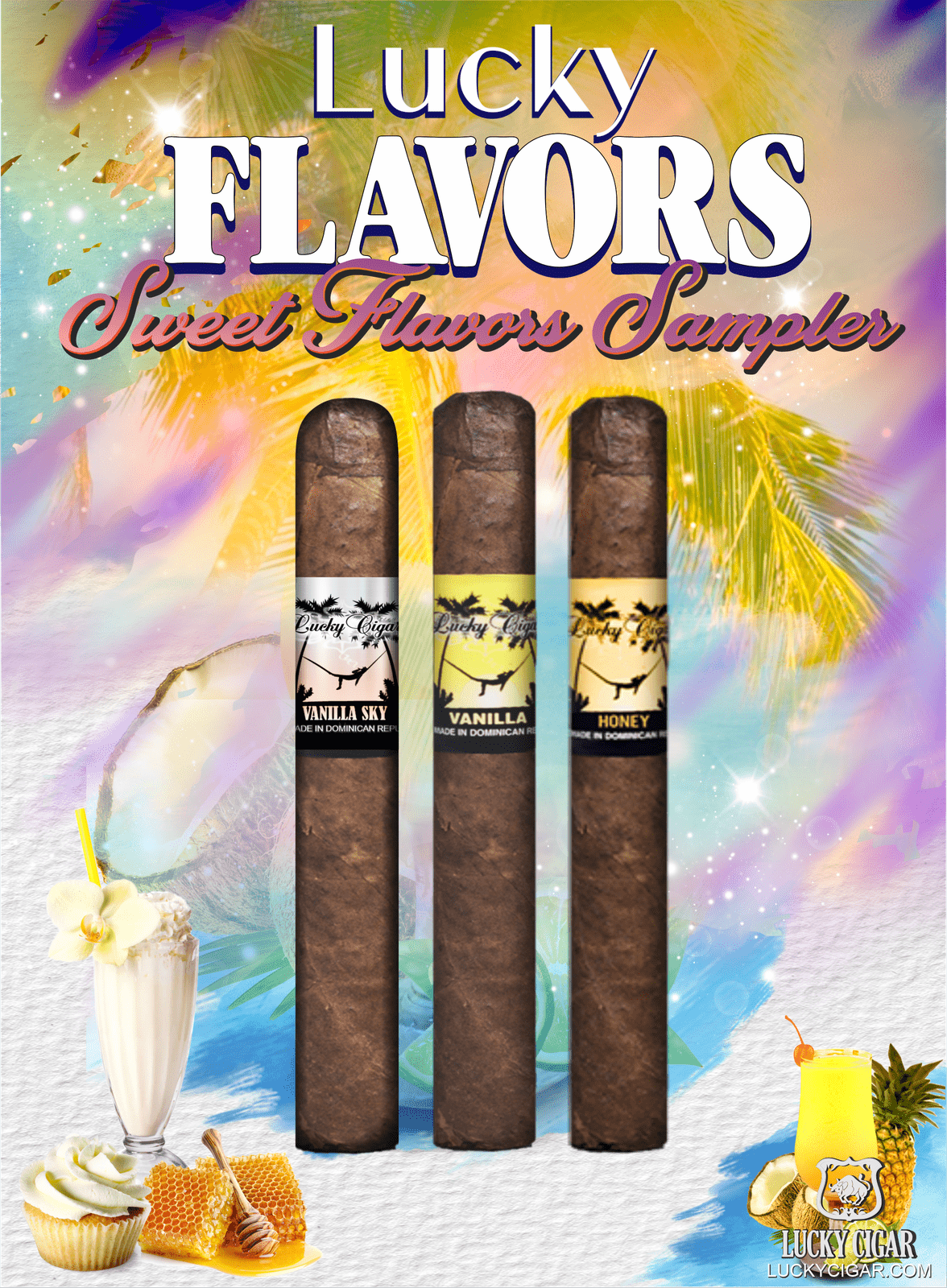 Flavored Cigars: Lucky Flavors 3 Piece Sweets Sampler - Vanilla Sky, Vanilla, Honey 1 Vanilla Sky 5x42 Cigar 1 Vanilla 5x42 Cigar 1 Honey 5x42 Cigar