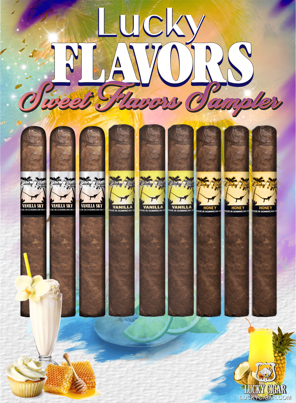 Flavored Cigars: Lucky Flavors 9 Piece Sweets Sampler - Vanilla Sky, Vanilla, Honey 3 Vanilla Sky 5x42 Cigars 3 Vanilla 5x42 Cigars 3 Honey 5x42 Cigars
