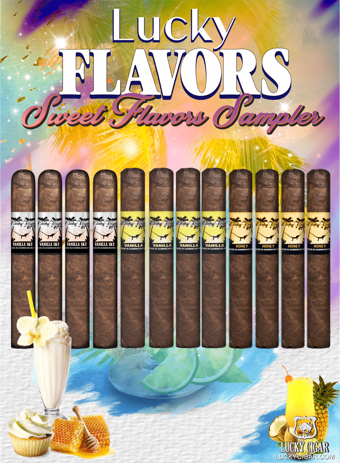 Flavored Cigars: Lucky Flavors 12 Piece Sweets Sampler - Vanilla Sky, Vanilla, Honey 4 Vanilla Sky 5x42 Cigars 4 Vanilla 5x42 Cigars 4 Honey 5x42 Cigars