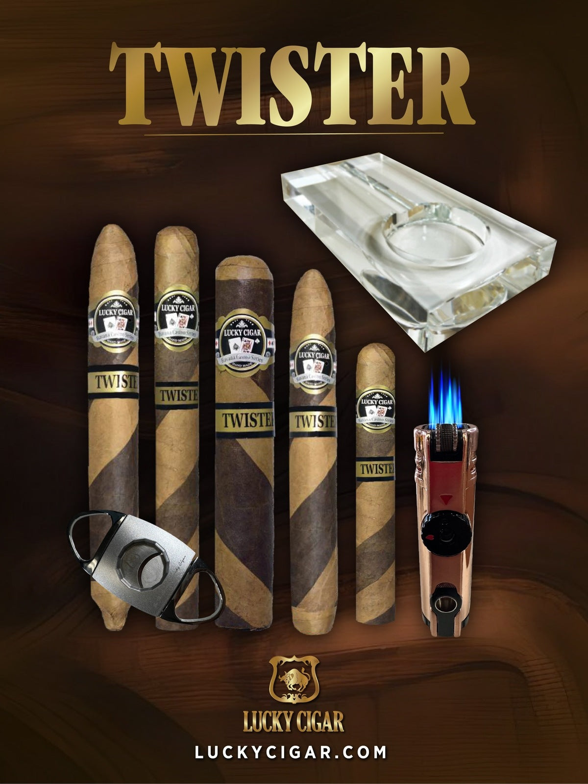Lucky Cigar Sampler Sets: Set of 5 Twister Cigars with Cutter, Ashtray, Table Torch