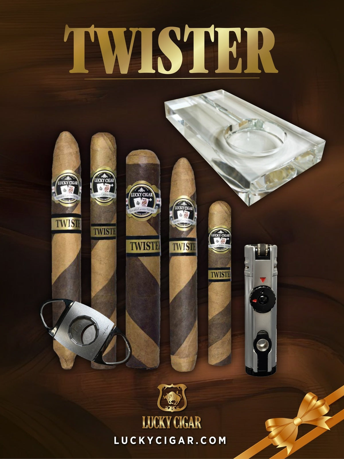 Lucky Cigar Sampler Sets: Set of 5 Twister Cigars with Cutter, Ashtray, Table Torch