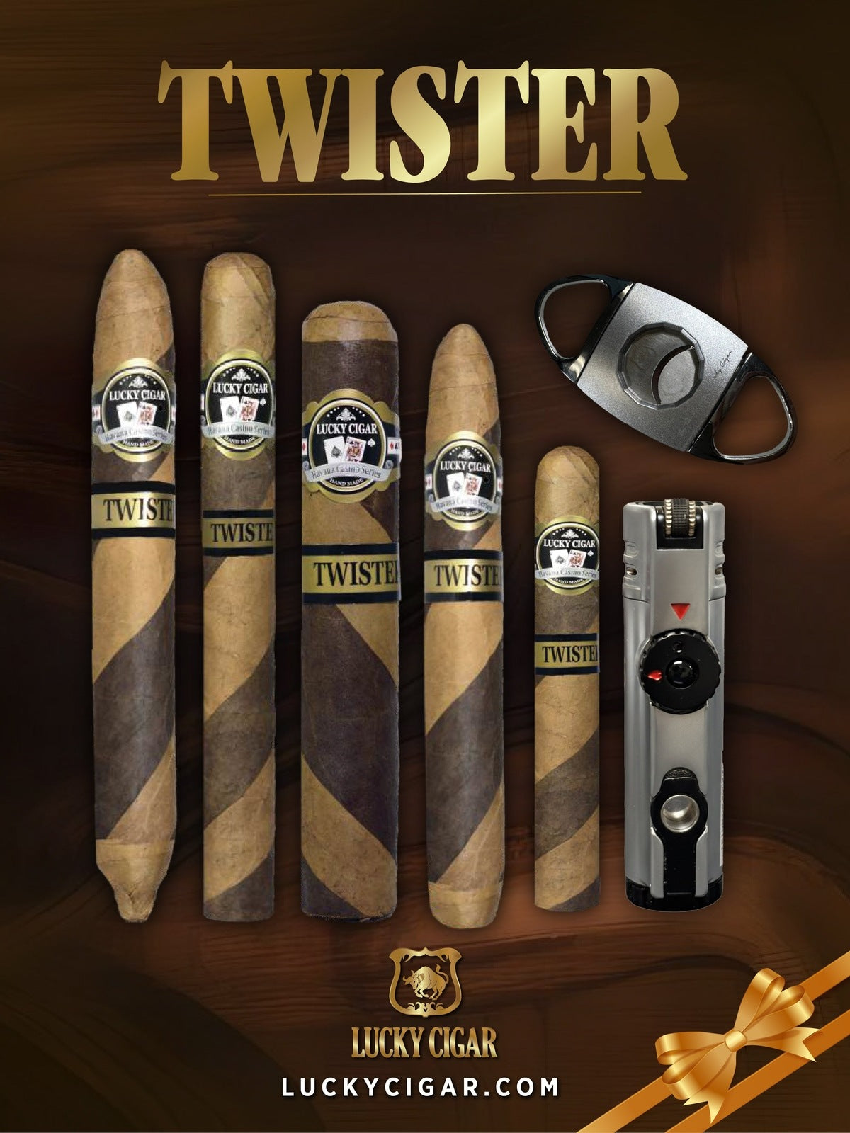 Lucky Cigar Sampler Sets: Set of 5 Twister Cigars with Cutter, Torch