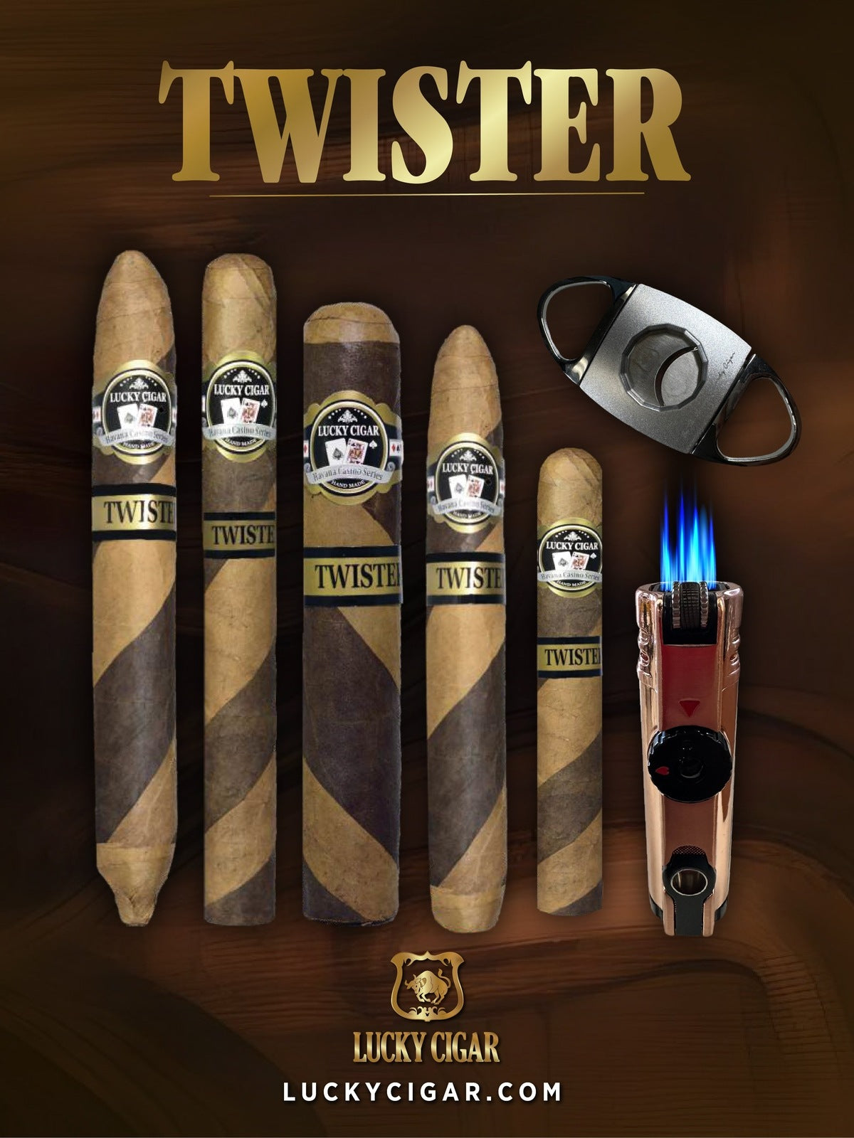 Barber Pole Cigars, Twister by Lucky Cigar: 5 Cigar Set with Table Torch, Cutter