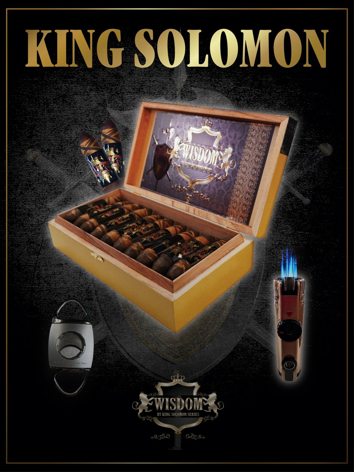 Wisdom 4x60 Cigar From The King Solomon Series: Box of 20 with Torch, Cutter Set