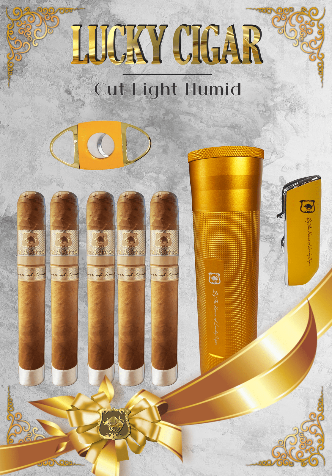 Classic Cigars - Classico by Lucky Cigar: Set of 5 Cigars, 5 Lonsdale with Torch, Cutter, Travel Humidor