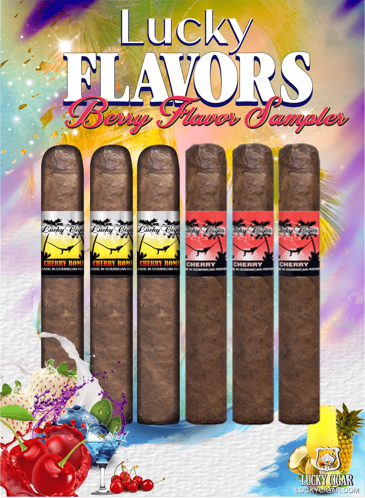 Flavored Cigars: Lucky Flavors 6 Piece Berry Fruit Sampler - Cherry Bomb, Cherry 3 Cherry Bomb 5x42 Cigars 3 Cherry 5x42 Cigars