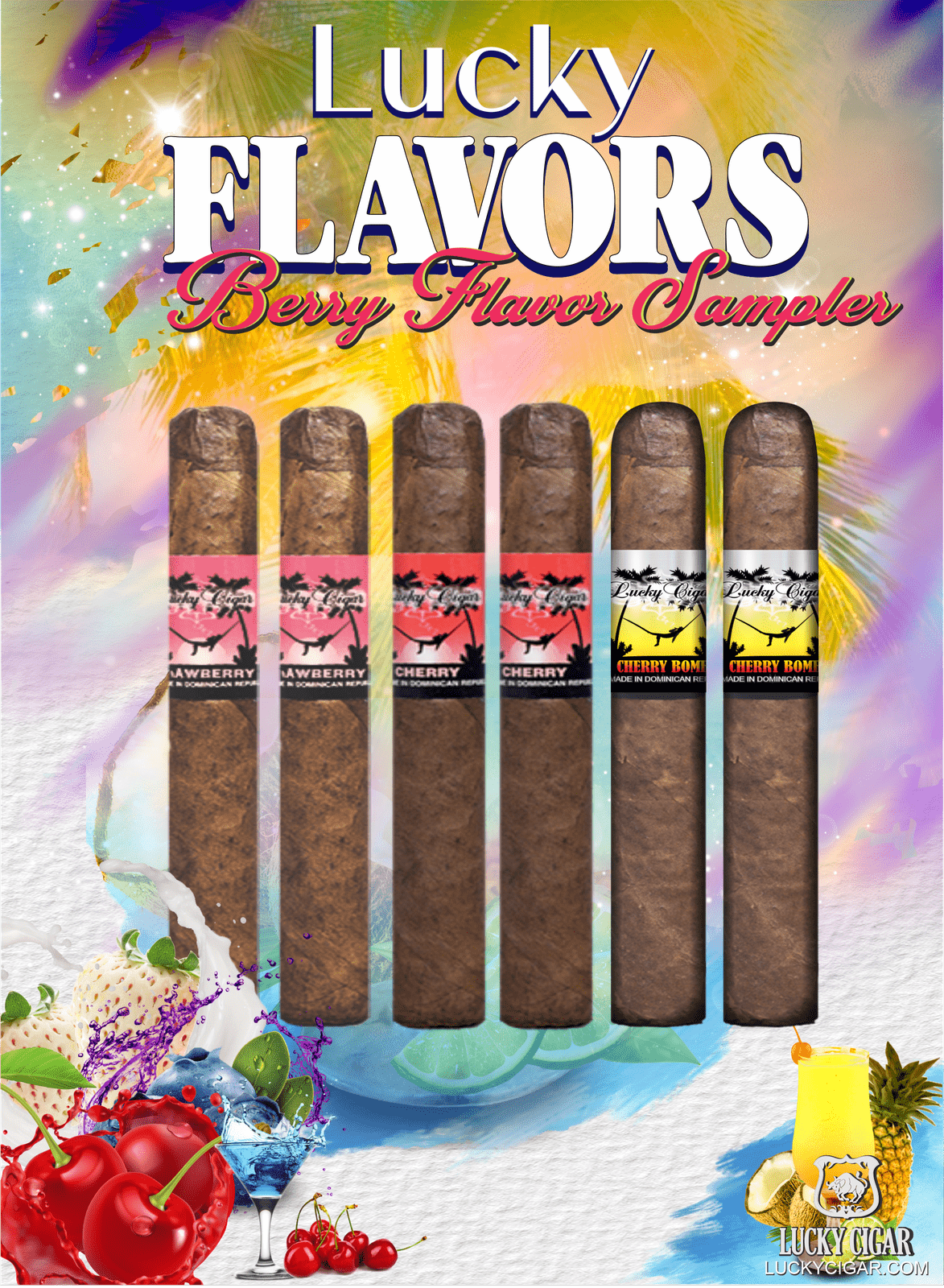Flavored Cigars: Lucky Flavors 6 Piece Berry Fruit Sampler - Cherry Bomb, Cherry, Strawberry