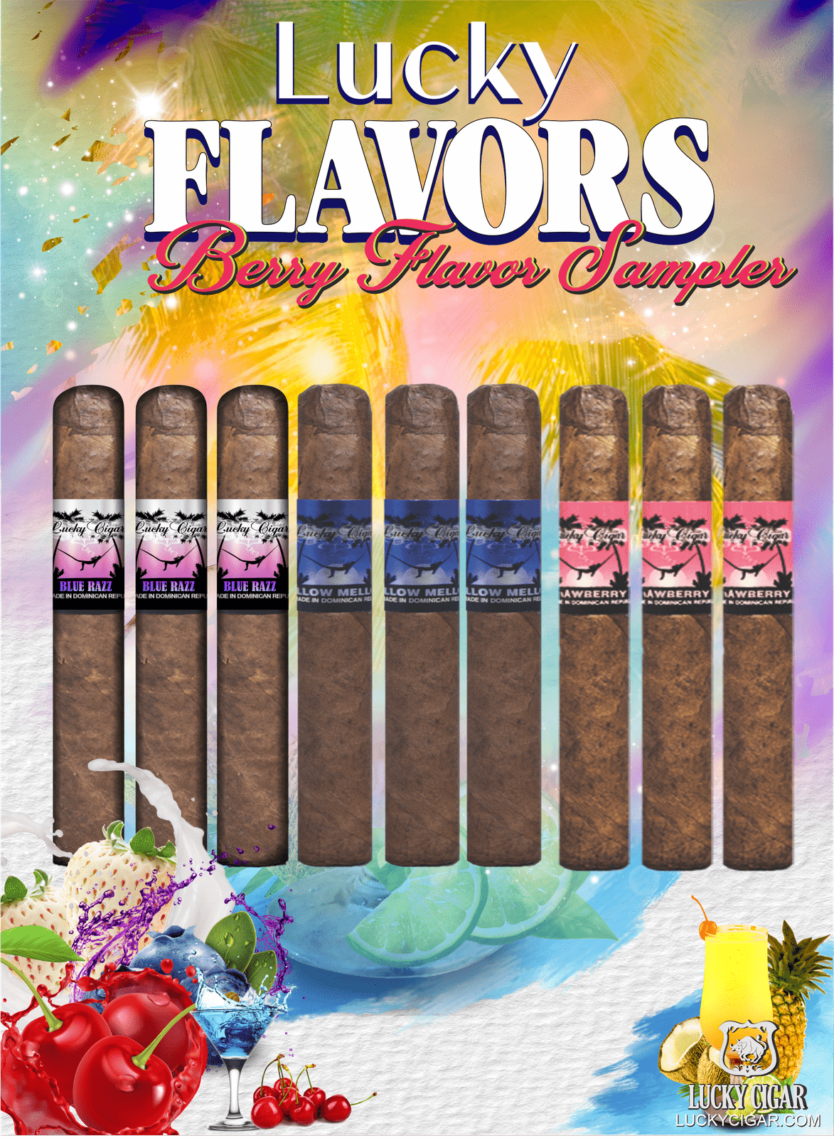 Flavored Cigars: Lucky Flavors 9 Piece Berry Fruit Sampler - Mellow Mellow, Blue Razz, Strawberry 3 Mellow Mellow 5x42 Cigars 3 Blue Razz 5x42 Cigars 3 Strawberry 5x42 Cigars